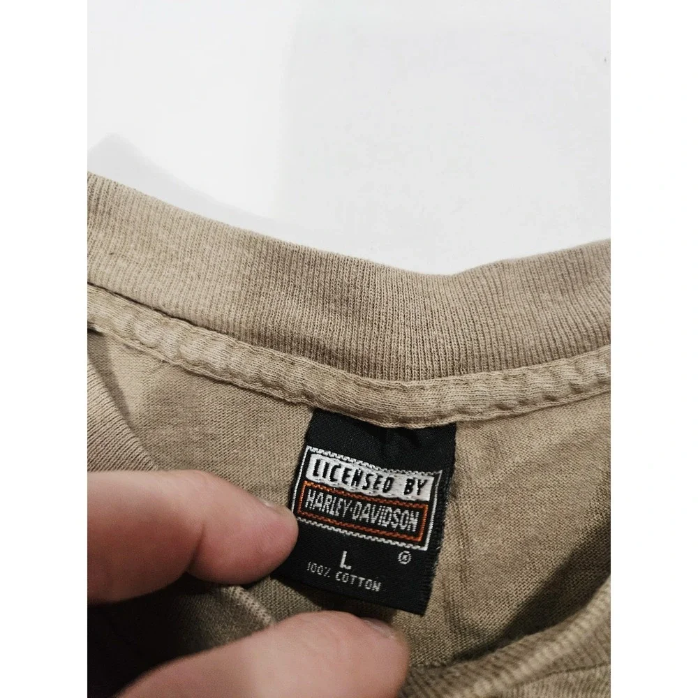 Vtg 90s Harley Davidson AOP Huge Eagle Flag Beige color Faded Biker Shirt Size L - Picture 3 of 4
